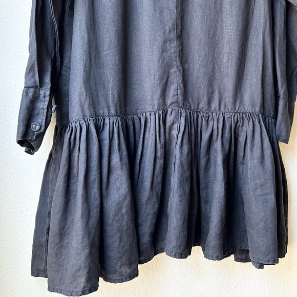 Morton Mac Black Linen Pleated Peplum Lotte Long Sleeve Shirt Dress OS - Picture 10 of 16